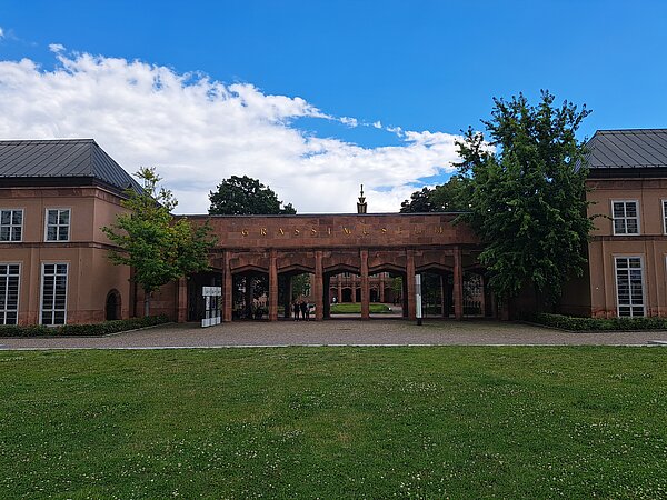 Das Bild zeigt das Grassimuseum am Johannisplatz, gekennzeichnet durch ein Gebäude mit terrakottafarbener Fassade und einer zentralen Arkadenstruktur, die als Eingang dient. Über den Arkaden ist der Name "GRASSI MUSEUM" in goldenen Buchstaben zu sehen. Vor dem Museum erstreckt sich eine große Rasenfläche.