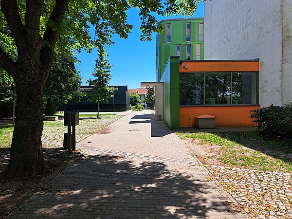 Das Bild zeigt den Eingangsbereich der Franz-Mehring-Schule. Ein Weg führt entlang eines Baumes und eines Mülleimers, vorbei an einem modernen Gebäude mit grüner und orangefarbener Fassade auf der rechten Seite. Im Hintergrund sind weitere Schulgebäude zu sehen, die in verschiedenen Farben gestaltet sind. Der Bereich ist von Bäumen und Grünflächen umgeben.