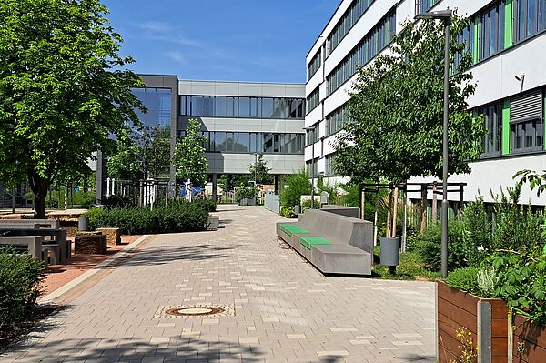 Das Bild zeigt das Schulzentrum Grünau. Es handelt sich um einen modernen Schulcampus mit mehreren Gebäuden, die von grünen Bereichen umgeben sind. Die Gebäude haben weiße-graue Fassade mit großen Fenstern und grünen Fensterrahmen. Im Vordergrund des Bildes ist ein gepflasterter Weg zu sehen, der von Bänken, Bäumen und Pflanzen gesäumt ist. Links befindet sich ein Bereich mit Sitzgelegenheiten und Tischen, der von Bäumen und Sträuchern umgeben ist. Im Hintergrund sieht man weitere Gebäude des Schulzentrums und den blauen Himmel.