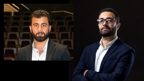 Bild links: Halbporträt eines Mannes mit Bart, weißem Hemd und schwarzem Sakko. Bild rechts: Halbporträt eines Mannes mit Brille, Bart, weißem Hemd und schwarzem Sakko. Die Arme sind vor der Brust verschränkt
